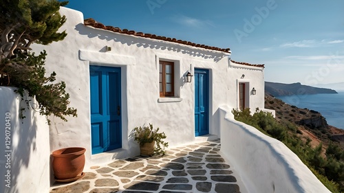 Traditional Greek village houses in Santorini with white walls and blue skies