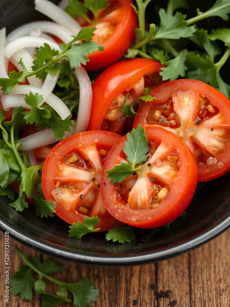 Vibrant Bowl of Freshly Chopped Red Tomatoes and Chopped Cilantro Ready for Delicious Culinary Creations Vibrant Bowl of Freshly Chopped Red Tomatoes and Chopped Cilantro Ready for Delicious Culinary Creations