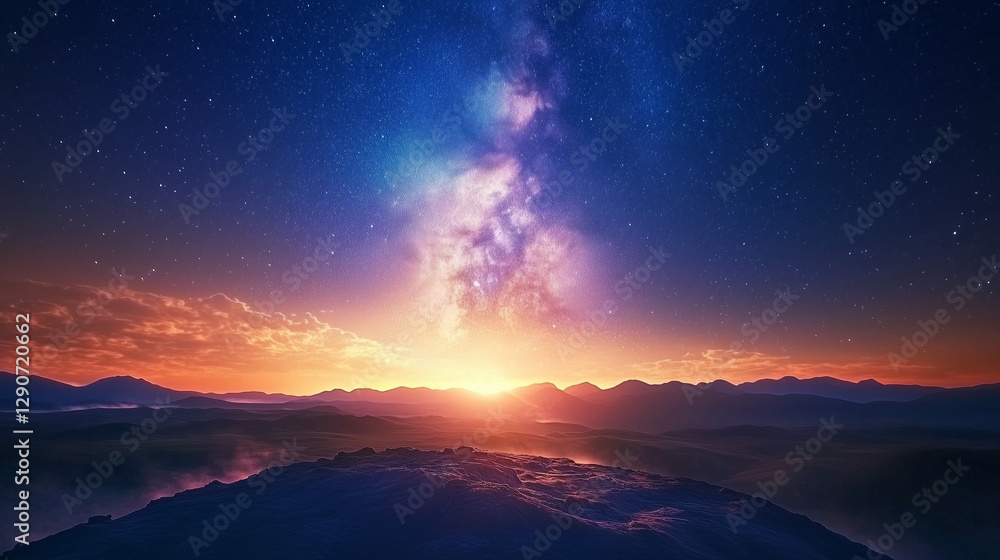 Fototapeta premium Breathtaking view of the Milky Way galaxy from an open field at night, stars twinkling above the horizon with rolling hills below, showcasing the vastness of space and the tranquil beauty of sky