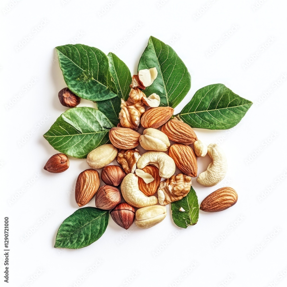 Assorted nuts with fresh leaves on white background Assorted nuts with fresh leaves on white background