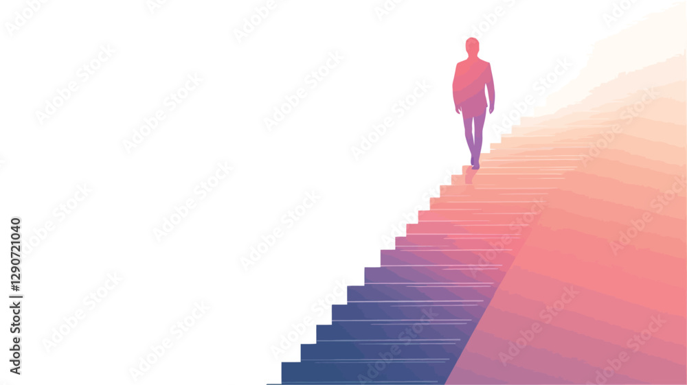 The image is a minimalist illustration featuring a single, silhouetted figure walking up a stairway that ascends diagonally from the bottom left to the upper right of the frame. The The image is a minimalist illustration featuring a single, silhouetted figure walking up a stairway that ascends diagonally from the bottom left to the upper right of the frame. The