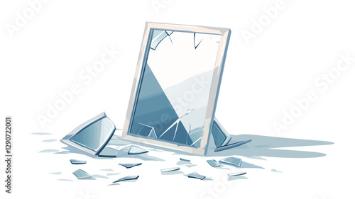 A digital illustration depicting a broken rectangular mirror on a white background. The mirror is shown leaning against a pile of its shattered fragments. The illustration style is clean