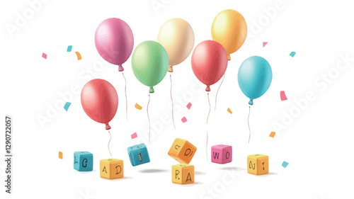 A digital illustration depicting seven pastel-colored balloons of varying shades of pink, green, yellow, and blue, each attached to a small, similarly colored cube-shaped gift box by thin