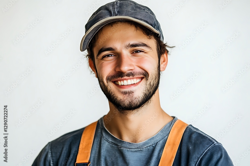 Happy smiling young male worker in cap and overalls. Happy smiling young male worker in cap and overalls.