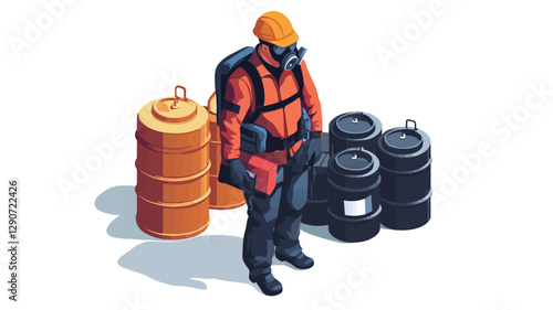 Isometric illustration depicting a hazmat technician wearing a protective suit, helmet, and respirator. The technician is carrying a tool and standing amidst several industrial barrels,