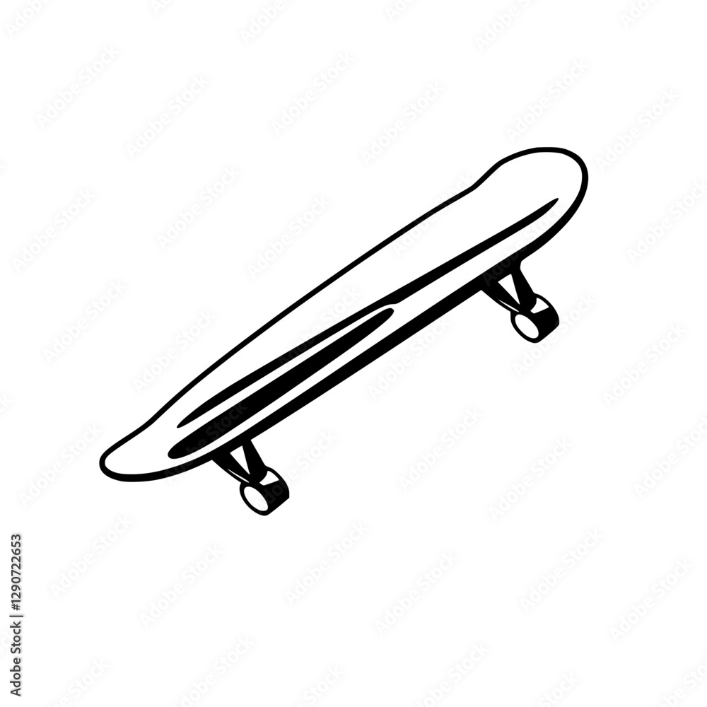 Black and white ink-style illustration of a skateboard, tilted at an angle, isolated against a white backdrop. Black and white ink-style illustration of a skateboard, tilted at an angle, isolated against a white backdrop.