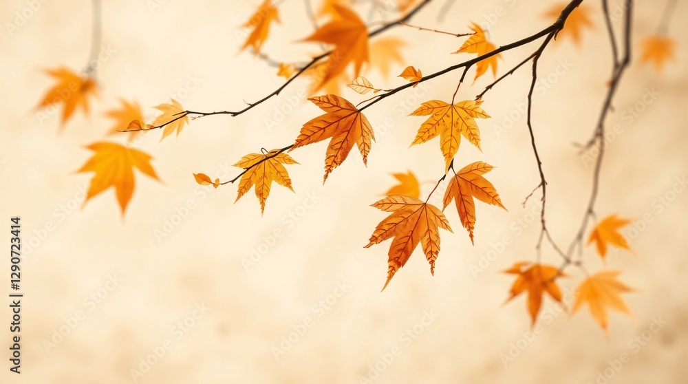 Minimalist Autumn Maple Branch, Vibrant Orange Leaves on Beige Background Minimalist Autumn Maple Branch, Vibrant Orange Leaves on Beige Background