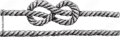 Knotted ropes eight knots realistic cords knot in vector. Nautical thread whipcord with loops, noose. Twisted, braided, folded, spiral fiber. Illustration hand drawn black graphic background elements