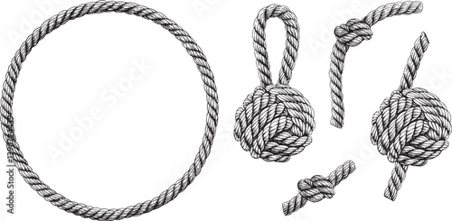 Set of knotted ropes cords monkey fist knot, eight knots vector. Nautical thread whipcord with loops and noose. Rope cord Twisted round frame.. Illustration hand drawn graphic isolated background.
