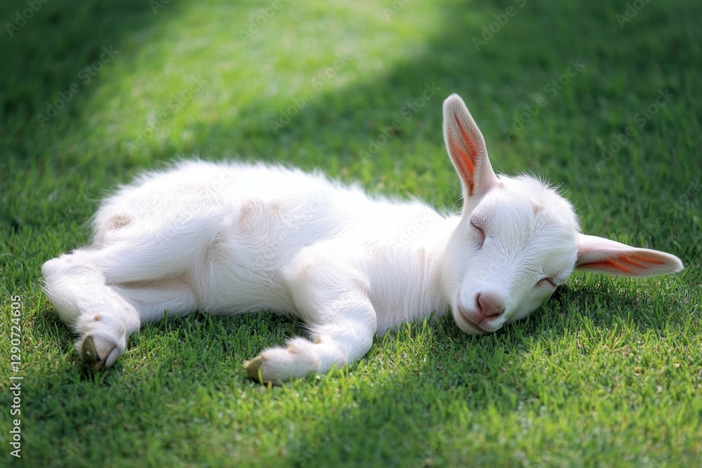 Goat Lying on Green Grass in Natural Meadow Background Goat Lying on Green Grass in Natural Meadow Background