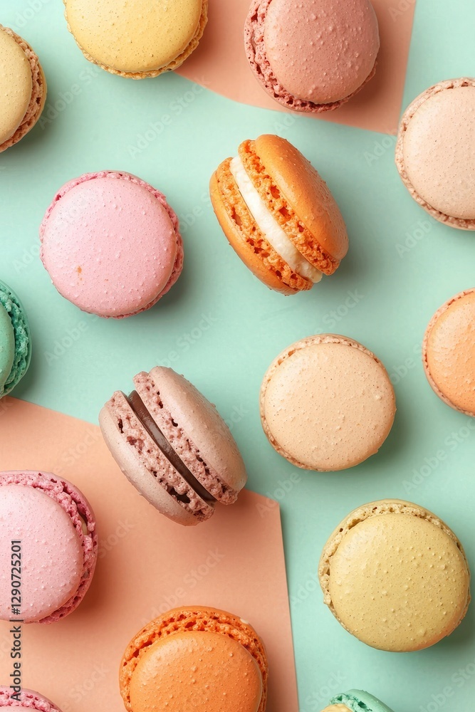 Macaroons in pastel colors on pink background, top view Macaroons in pastel colors on pink background, top view