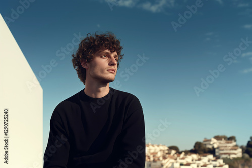 Minimalist portrait of young man with curly hair in modern architecture setting