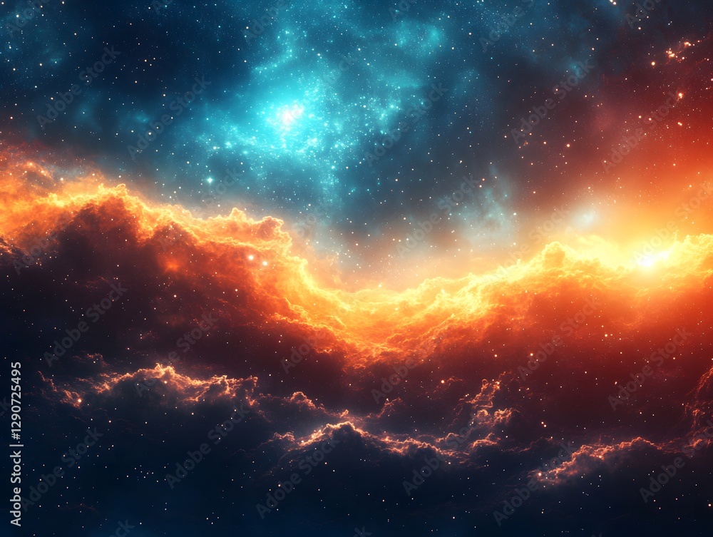 Fototapeta premium Vivid cosmic landscape showcasing swirling clouds of orange and blue, with stars twinkling in the background