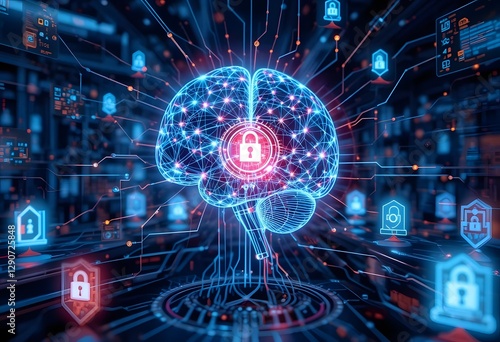 A high-tech powered security system analyzing a network for potential cyber threats. A 3D holographic brain with neural connections processes cyber security alerts, while firewalls. 