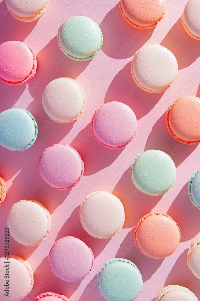 Fototapeta premium Macaroons in pastel colors on pink background, top view