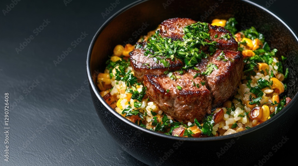 Seared beef, corn risotto bowl, dark background, food photography, recipe illustration Seared beef, corn risotto bowl, dark background, food photography, recipe illustration