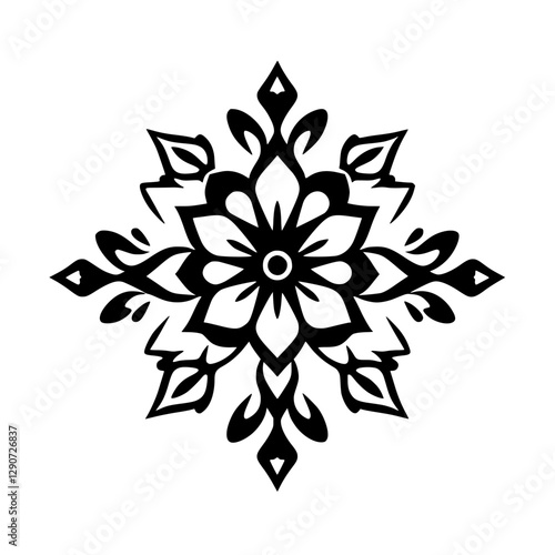 Black and white floral symmetrical design with complex geometry.