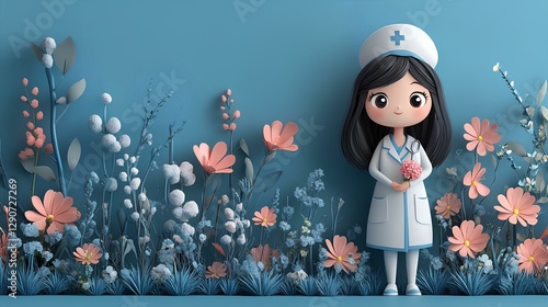 Cute cartoon nurse full body. Vector illustration with simple design, cute flowers, detailed character design, pastel color palette, soft edges and blurry details 