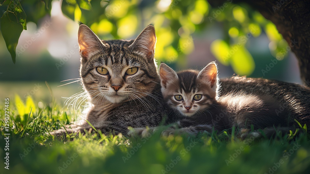 Fototapeta premium cute little orange cat and an adorable white kitten play together on grass