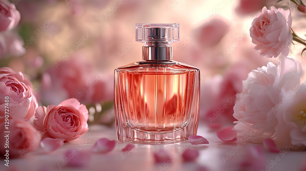 delicate glass perfume bottle on a soft pink or white background. Surrounding it are fresh roses, jasmine flowers, peonies, and subtle petals scattered naturally