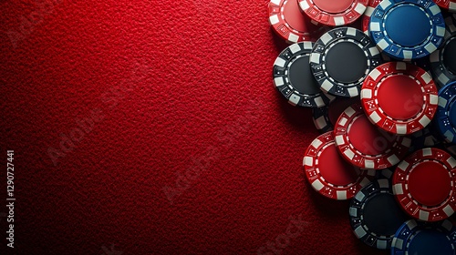 Obraz na płótnie deep red felt casino table texture with unmarked multi-colored poker chips at the bottom of the image, top down view w salonie