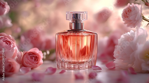 Obraz na płótnie delicate glass perfume bottle on a soft pink or white background. Surrounding it are fresh roses, jasmine flowers, peonies, and subtle petals scattered naturally w salonie