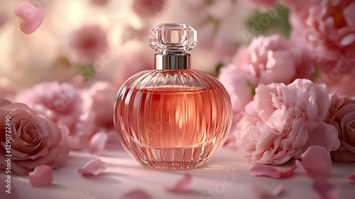 delicate glass perfume bottle on a soft pink or white background. Surrounding it are fresh roses, jasmine flowers, peonies, and subtle petals scattered naturally 