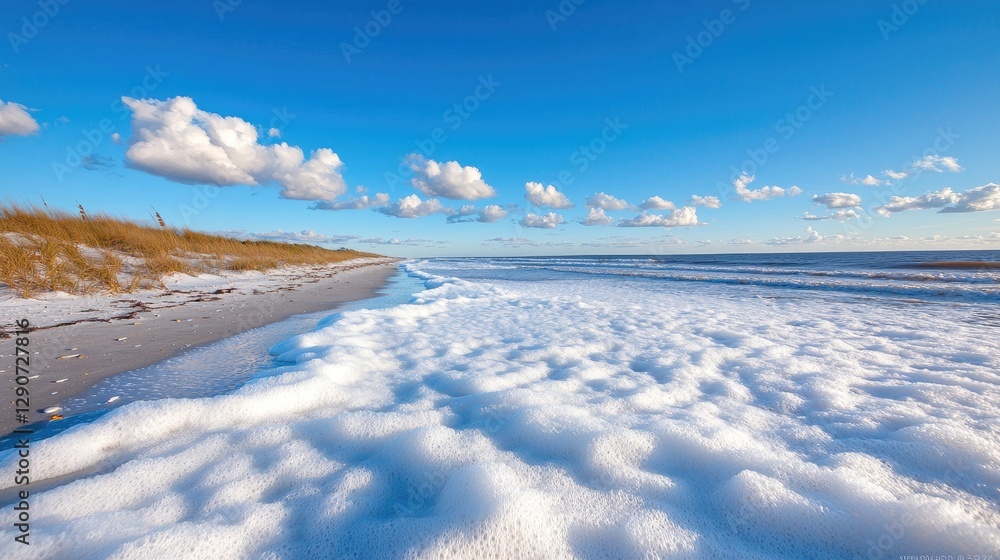 Foamy waves on sunny beach, dunes in background, travel poster Foamy waves on sunny beach, dunes in background, travel poster