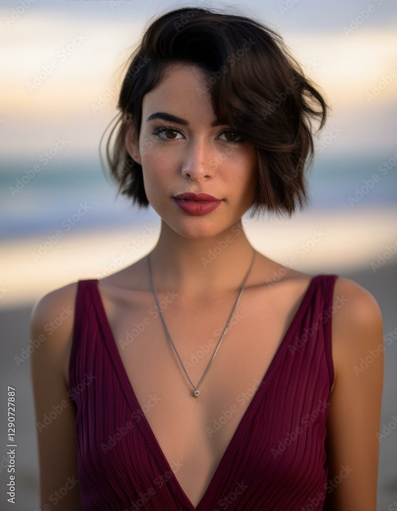 portrait of a brunette woman with short hair wearing a low cut dark red bordeaux dress on the beach, fashion photography portrait of a brunette woman with short hair wearing a low cut dark red bordeaux dress on the beach, fashion photography
