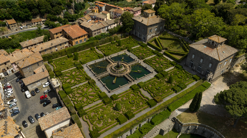 Fototapeta premium Aerial view of Villa Lante, one of the most famous Italian Mannerist surprise gardens. It is located in Bagnaia, in the province of Viterbo, Italy.