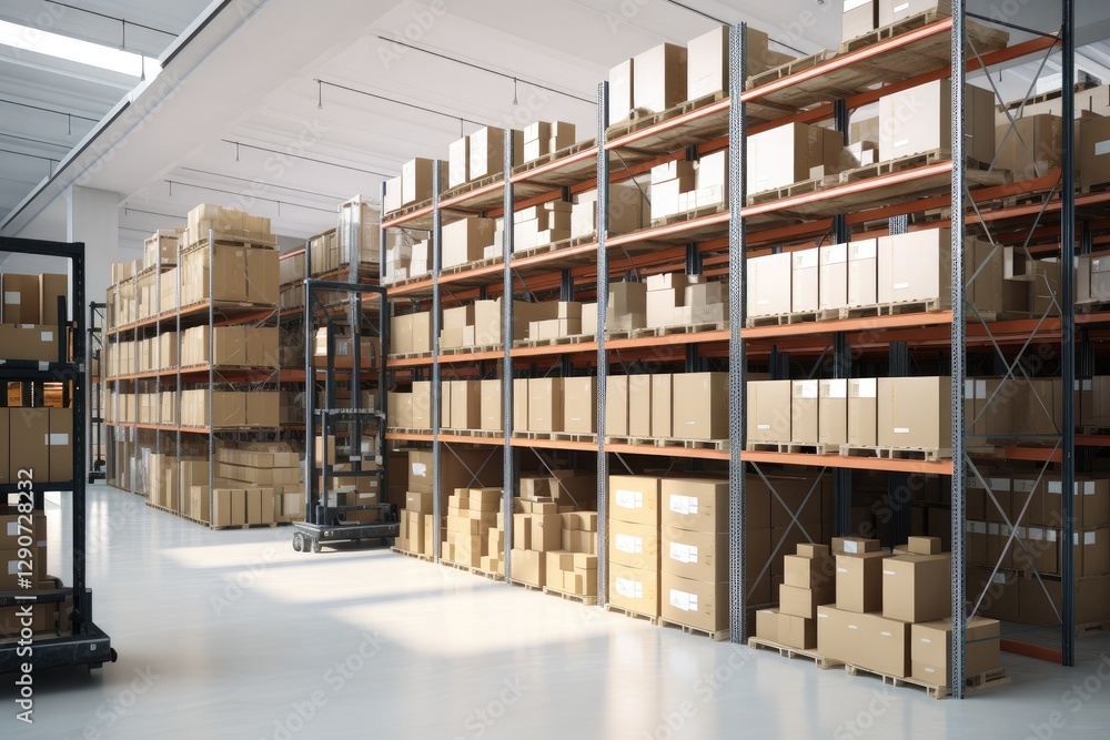 Obraz premium A large and orderly warehouse with high shelves filled with boxes. The floor is marked with yellow lines for safety and organization. Boxes are neatly stacked on shelves, some with labels.