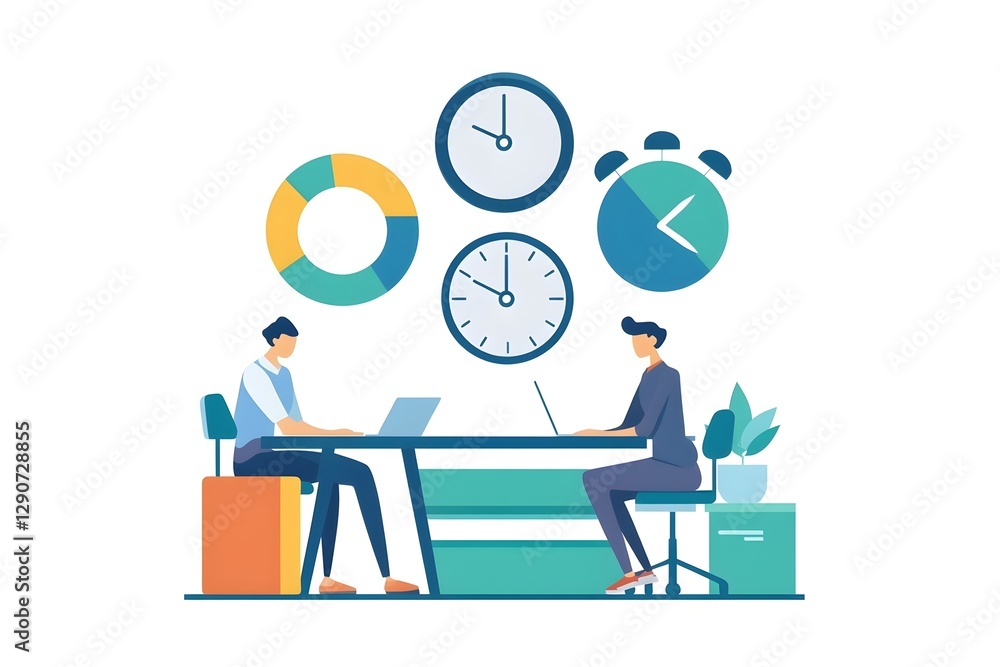 Two men sitting at a table with a laptop and a clock on the table Two men sitting at a table with a laptop and a clock on the table