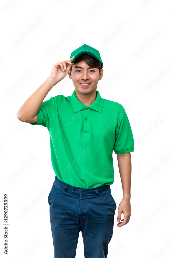 Smiling Asian delivery male worker in green uniform and cap isolated on white background Smiling Asian delivery male worker in green uniform and cap isolated on white background