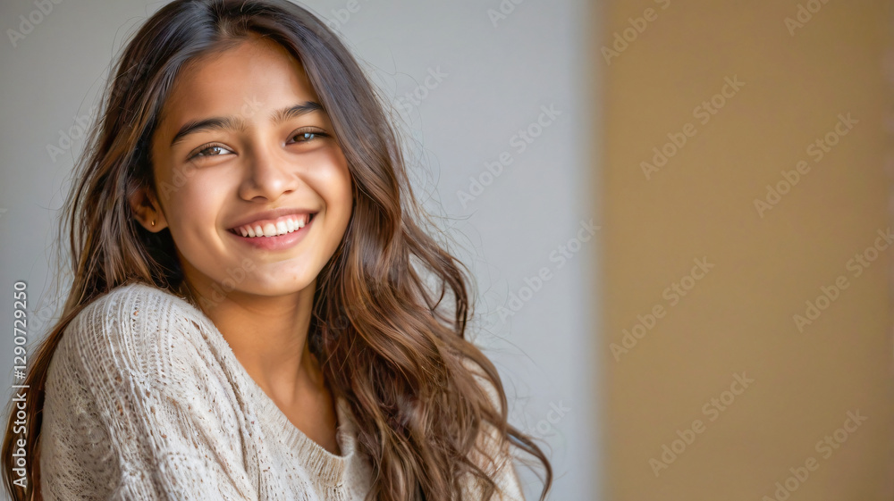 Naklejka premium A face of a Girl in Happy mood, female, woman, lady, joyful, cheerful, satisfied, laughing, pretty, attractive, beautiful, successful, and single.