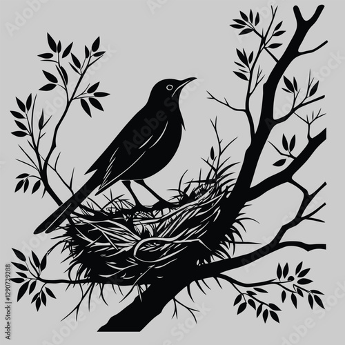a robin in a nest silhouette vector design art and illustration