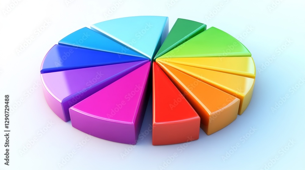 Obraz premium D pie chart with vibrant segments on a white background, each section slightly separated for emphasis, with light shadow for a polished effect