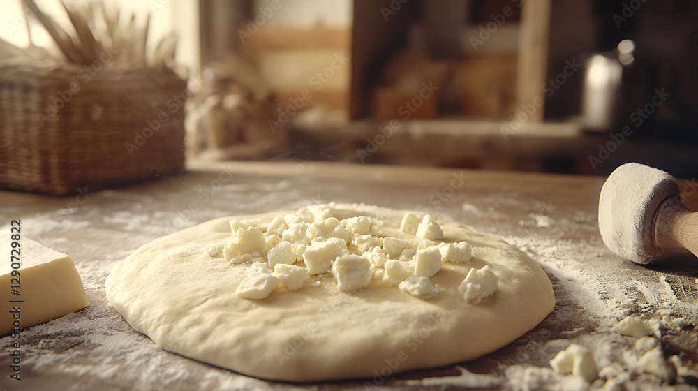 Raw dough with mozzarella cheese on table in kitchen, closeup Raw dough with mozzarella cheese on table in kitchen, closeup