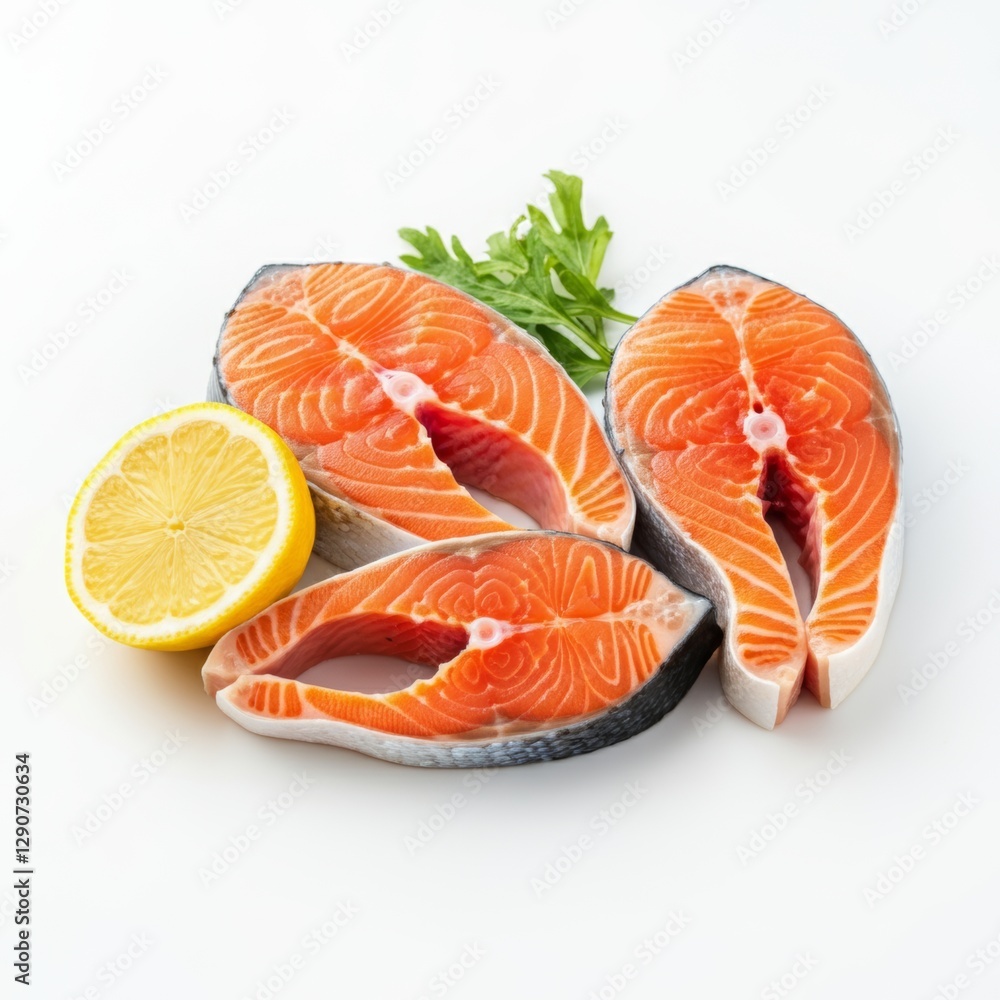 Fresh raw salmon steaks with lemon slice and parsley on white background Fresh raw salmon steaks with lemon slice and parsley on white background