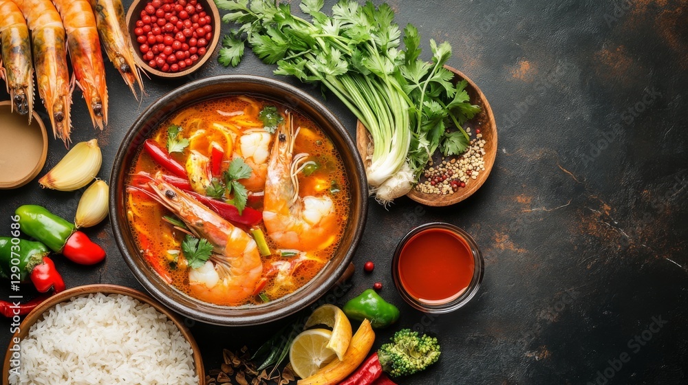 An artistic arrangement of a bowl of tom yum soup with fresh shrimp and colorful vegetables, complemented by a side of jasmine rice and dipping sauces An artistic arrangement of a bowl of tom yum soup with fresh shrimp and colorful vegetables, complemented by a side of jasmine rice and dipping sauces