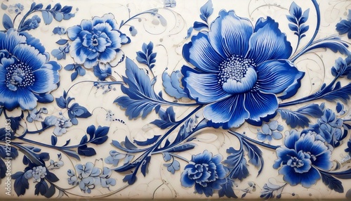 Generated image Porcelain-Inspired Blue Floral Line Art on Glossy Off-White Surface