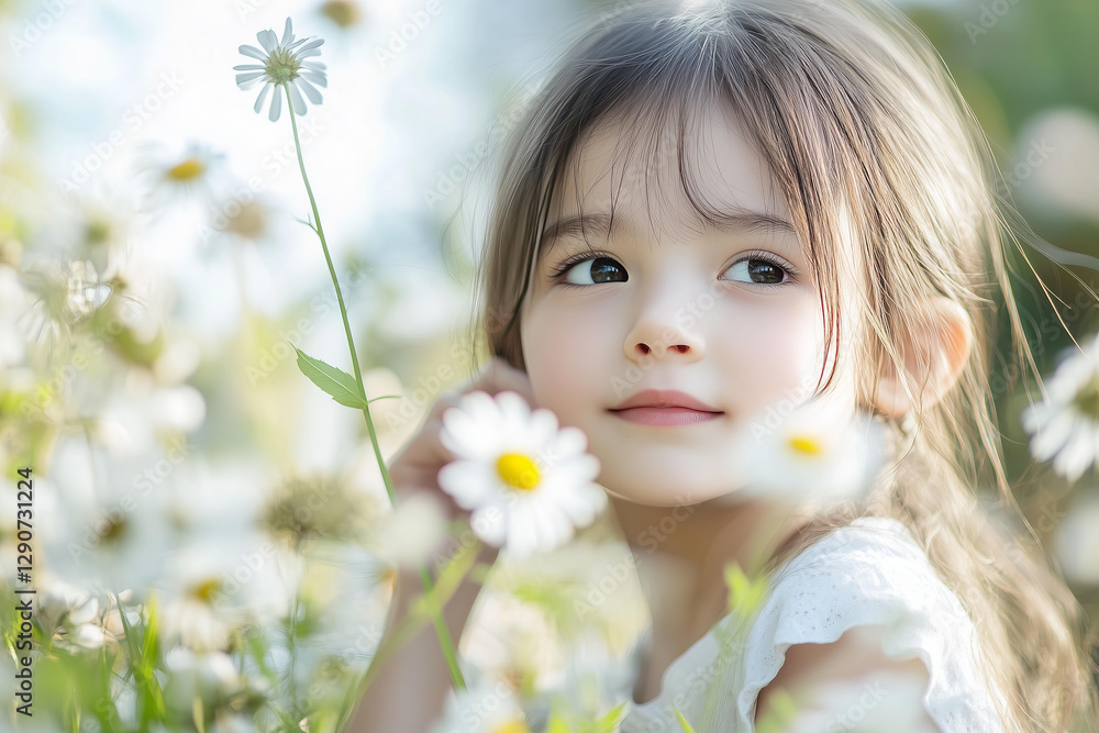 Close-up portrait of a young girl with large, expressive brown eyes and delicate features, surrounded by a field of blooming white daisies. Close-up portrait of a young girl with large, expressive brown eyes and delicate features, surrounded by a field of blooming white daisies.