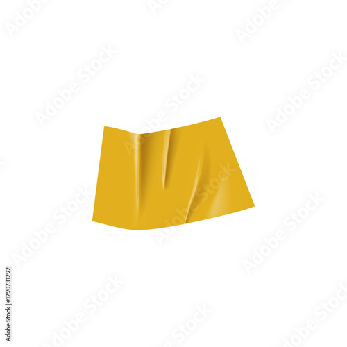 Yellow sticky tape strip vector icon, realistic adhesive wrinkled paper piece, torn glued tape, corrugated sticker