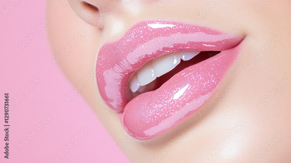 Naklejka premium Closeup of Pink Glittery Lips and Teeth