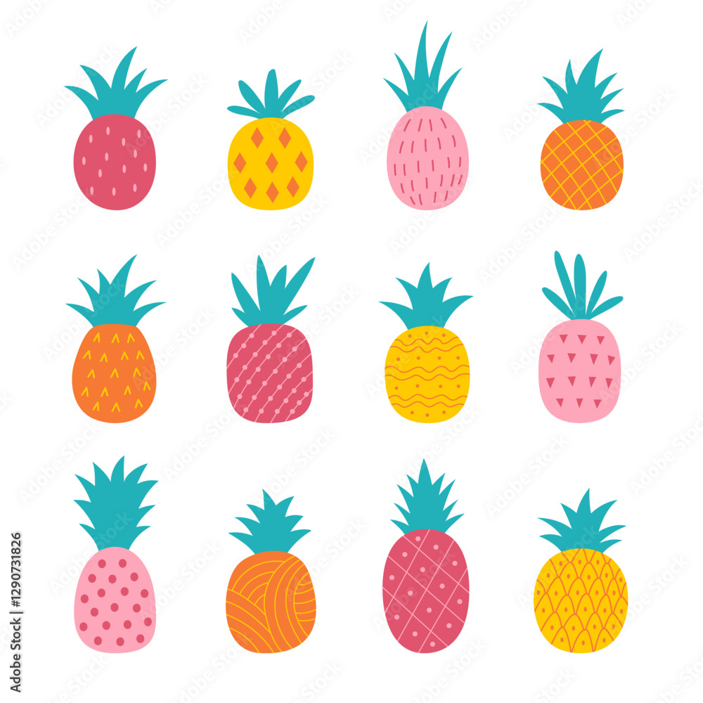 Set of abstract hand drawn pineapples. Exotic fruits. Set of abstract hand drawn pineapples. Exotic fruits.