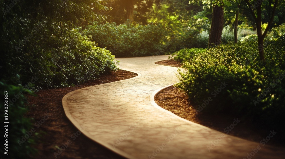 Obraz premium Winding Garden Path Sunlight Illuminates The Way