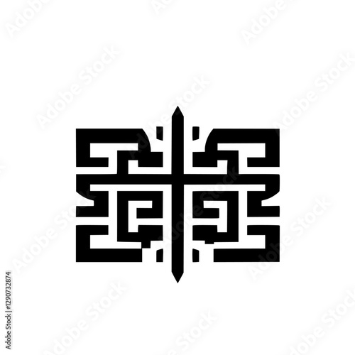 Black and white cross, abstract pattern, orthogonal geometry, minimalist design, geometric abstraction, graphic style, white background.