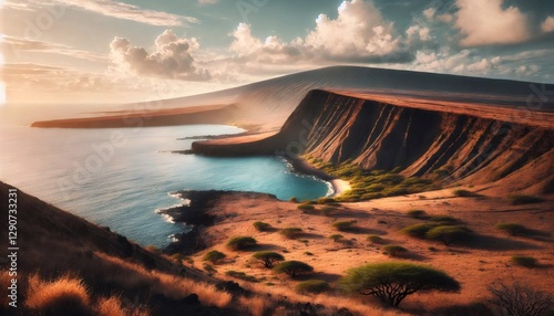 Stunning sunset illuminating the dramatic cliffs and secluded bay of kalaupapa national historical park, molokai, hawaii photo