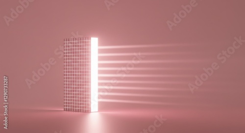 a rectangular prism with a grid-like pattern on one side, set against a soft pink background.