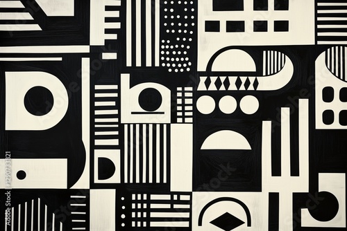 Abstract Black and White Pattern With Geometric Shapes and Textures on a Wall...