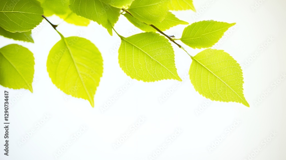 Bright Green Leaves on Branch Against White Background Bright Green Leaves on Branch Against White Background
